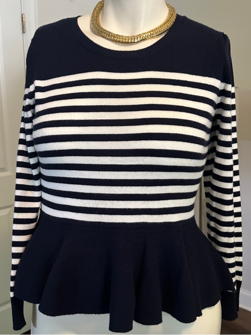 Striped Navy & White Peplum Sweater Top